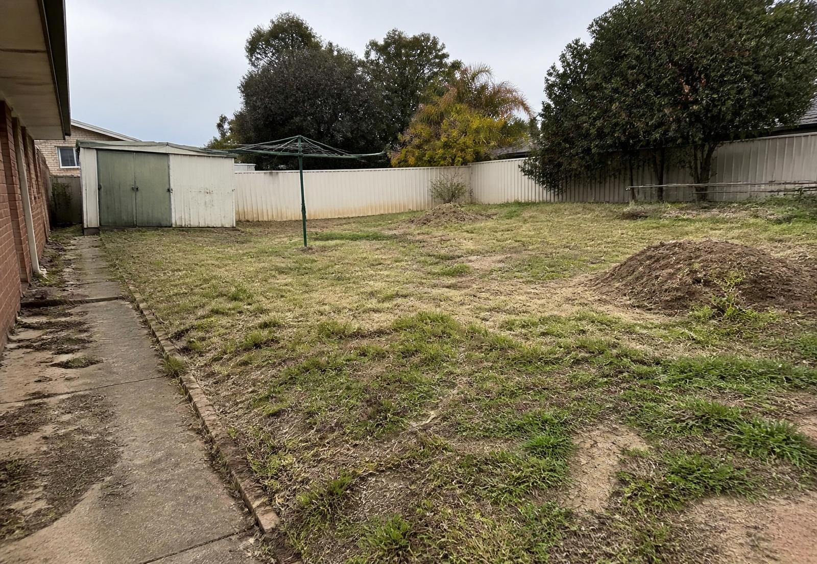 Sloping, patchy backyard before construction